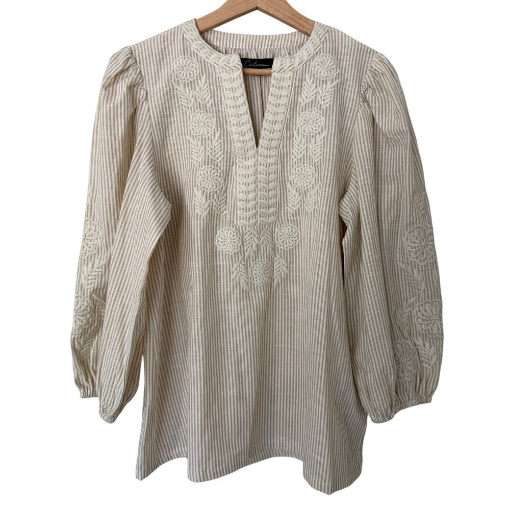 Calessa Womens Small Tan White Striped Embroidered Cotton Peasant Blouse Top